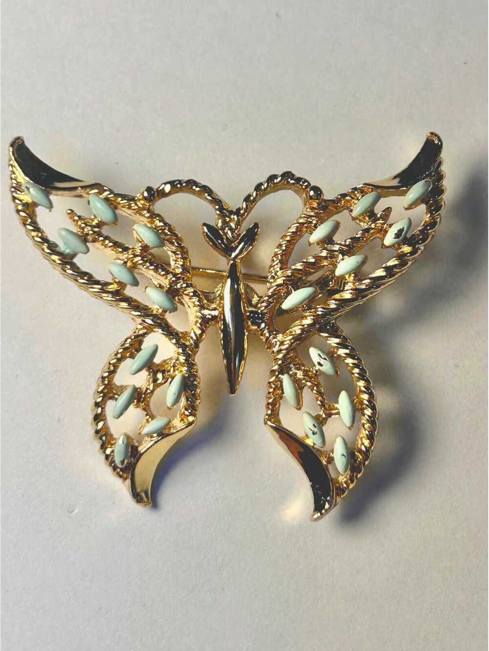 Vintage Gold Tone Butterfly Brooch with White Inlay